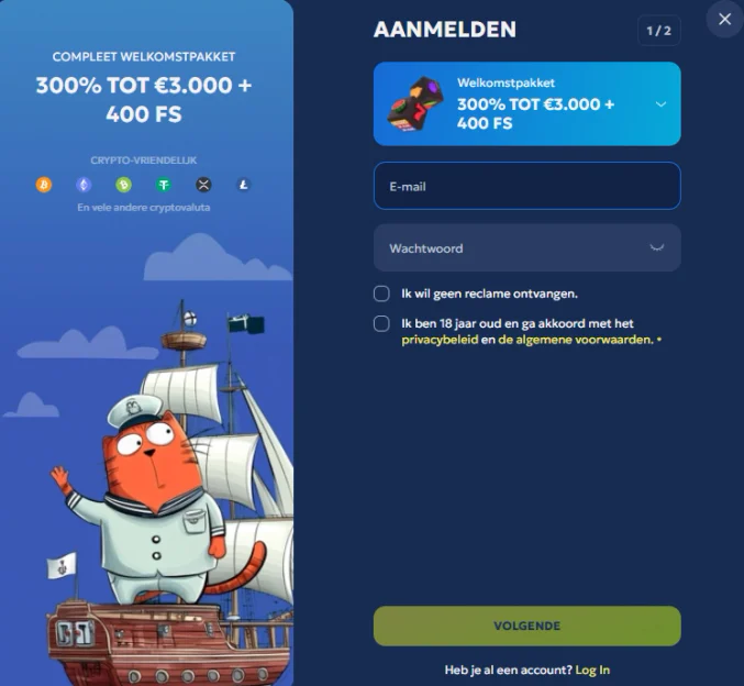 Registratieformulier van Galleon Casino met een welkomstbonus tot €3.000 en 400 free spins