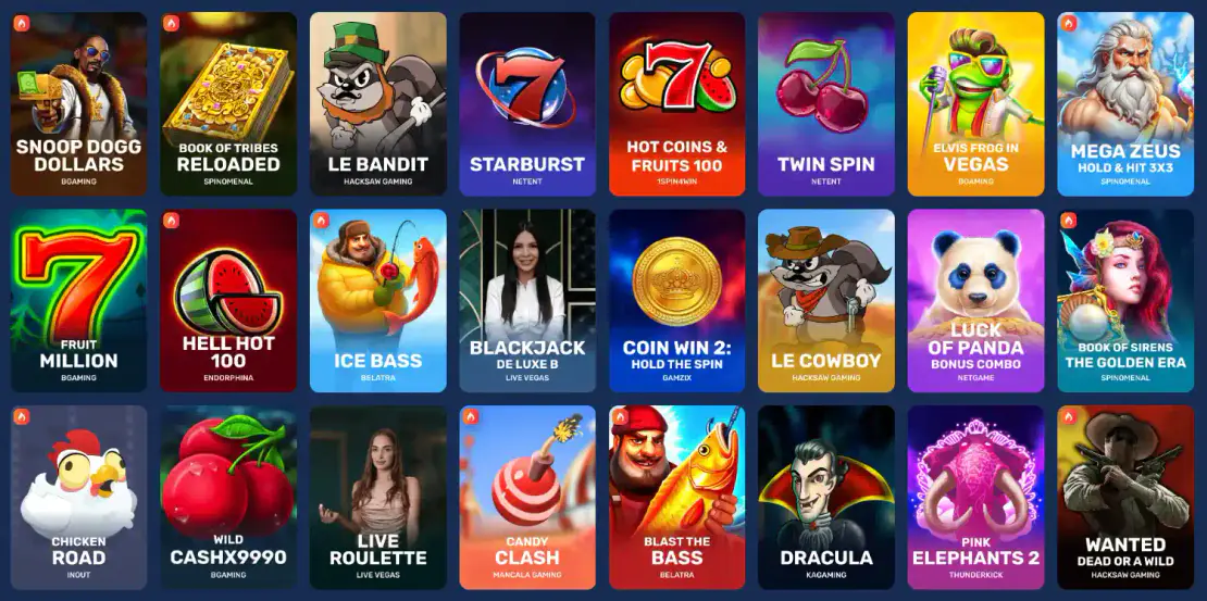 Spellenlobby van Galleon Casino met videoslots, live roulette en titels van verschillende spelproviders
